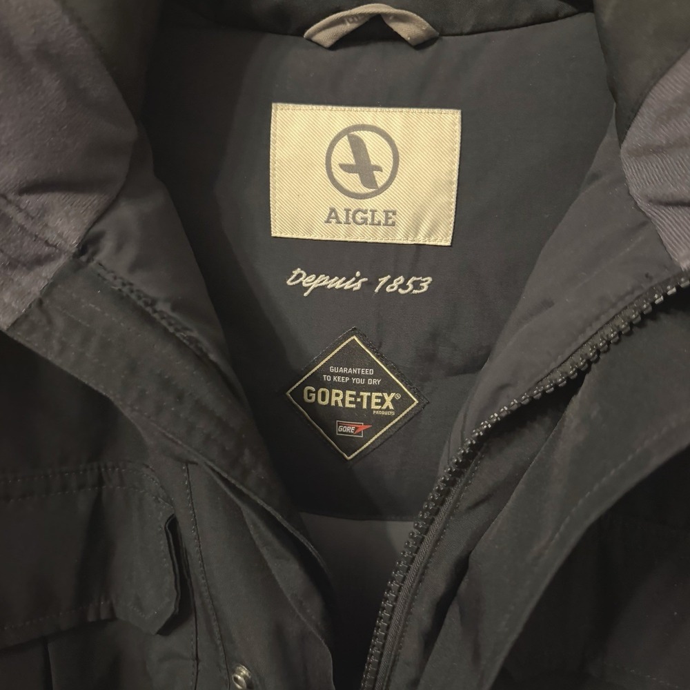 Aigle Gore-Tex Parka Jacket Women L Black Hooded Waterproof Coat Dual Zip Down